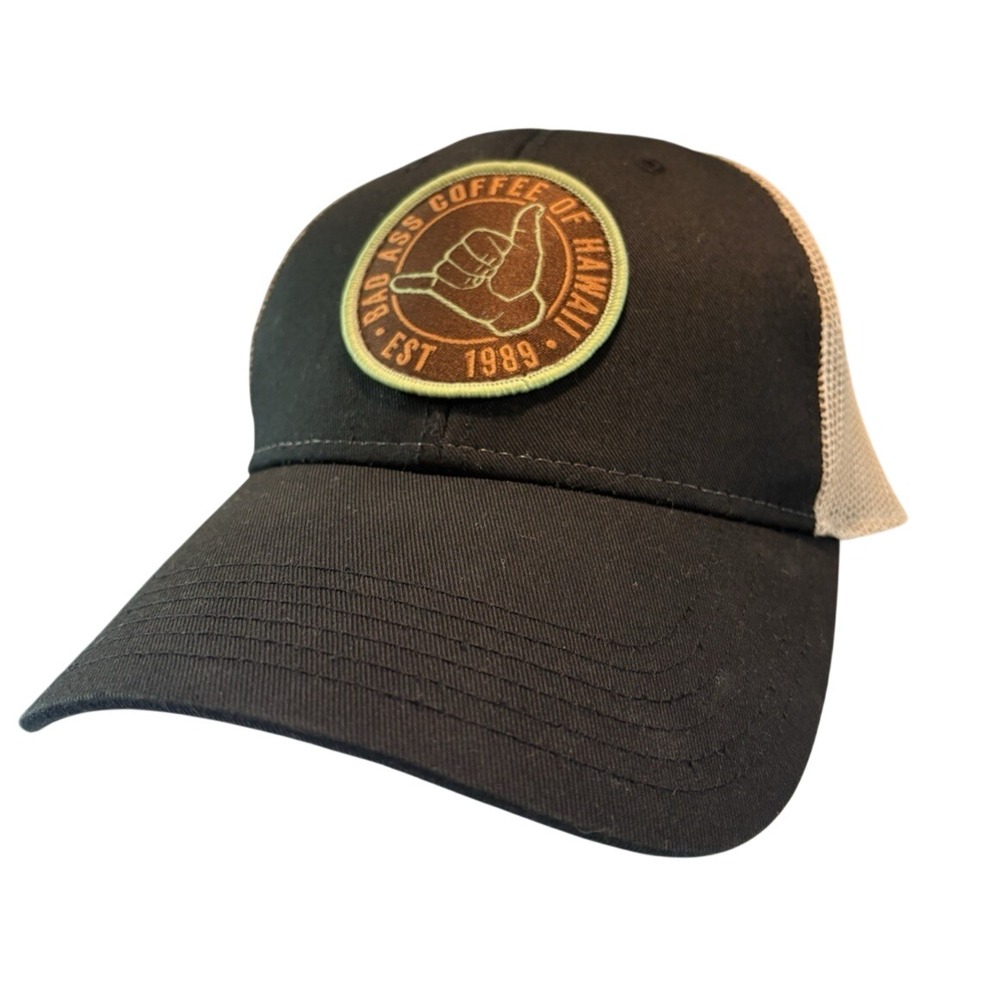 Bad Ass Coffee of Hawaii Trucker Hat Snapback Cap Black Tan Mesh Shaka Logo OSFM